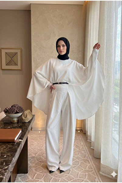 Moda Ulu Kadın Tesettür Alt Üst İkili Takım Pelerin Detaylı Tunik Pantolon Şı...