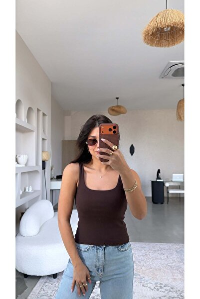 Buket Teke Brown Ribbed Textured Cotton Front and Back Square Collar Basic Un...