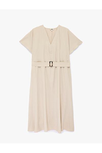 Koton Μακρύ φόρεμα από ύφασμα βισκόζης και κουπρό με κοντά μανίκια και λαιμόκ...