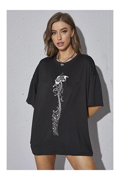 CLASSY.MODA Unisex Μαύρο μπλουζάκι με στάμπα oversize Streetwear Άνετη εφαρμο...