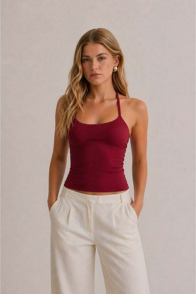 Baluxe Burgundy Halter Neck Cotton Halter Top Blouse
