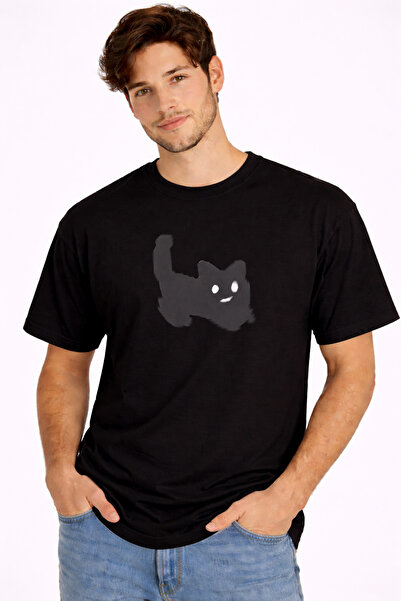 NEVERMIND Unisex Oversize Tişört Kedi Baskılı Minimal Tasarım %100 Pamuk Siyah