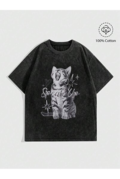 CLASSY.MODA Unisex Μαύρο μπλουζάκι με στάμπα oversize Streetwear Άνετη εφαρμο...