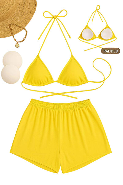 Nemere Sarı Şortlu Bağlamalı Bikini Takımı Üçgen Kesim Ayarlanabilir Esnek Ku...