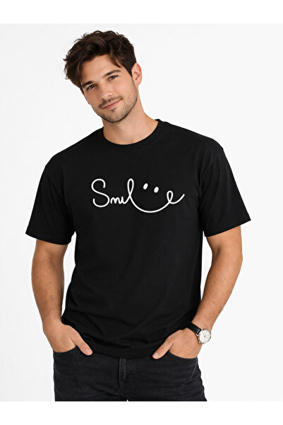 NEVERMIND Unisex Tişört Smile Baskılı Basic Oversize Günlük Rahat %100 Siyah