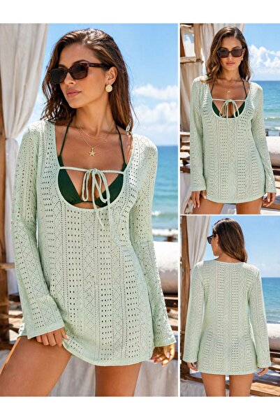 LinichandCo Βαμβακερό φόρεμα παραλίας με δέσιμο μπροστά, πράσινο 8073-E