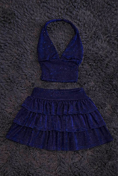 İlayda Toprak Ashley Navy Blue Glitter Premium Modal Υφασμάτινη Φούστα με Βολ...