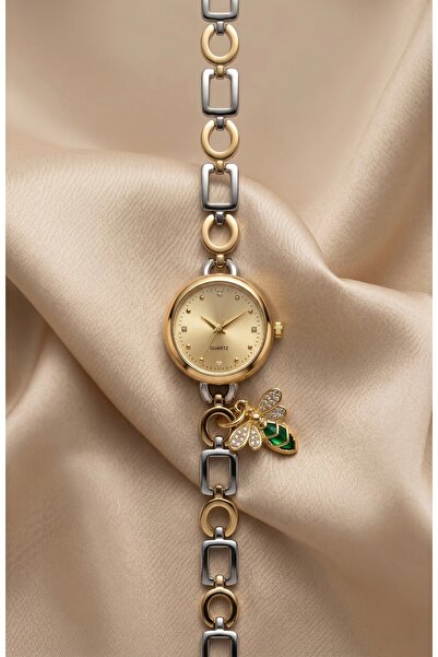 KLISHE Butik Kadın Çelik Saat Gold & Gümüş Mix Renk Butterfly Charm Yeşil Taş...