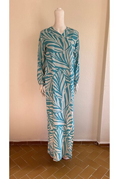 GİZGİYİM Blue Zebra Patterned Side Tie Viscose Prayer Dress Plus Size