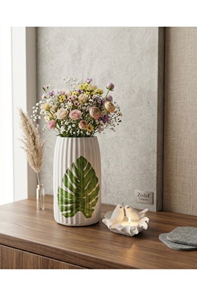 Zedef Tasarım Nordic Style Vase and Leaf Candle Holder - Stylish Home Gift De...