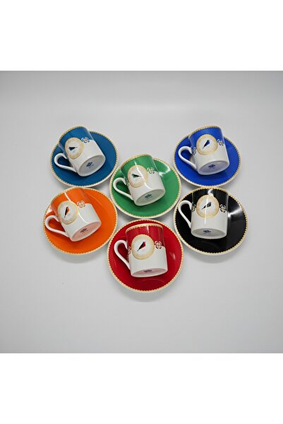 uzbayporselen 6 Kişilik Kuş Motifli Renkli Porselen Fincan Takımı