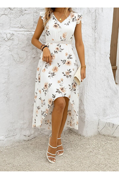 Wear Up Γυναικείο κοντομάνικο V λαιμόκοψη με λουλουδάτο μοτίβο μπροστά κοντό ...