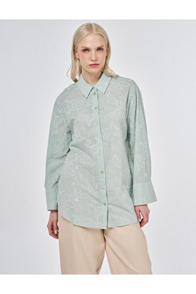 Kayra 100% βαμβακερό φλοράλ κεντημένο τουνίκ σε πράσινο χρώμα