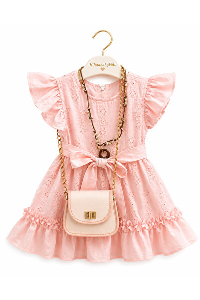 miss sofia Girl's Powder Embroidered Dress with Bag and Necklace, Stylish Sum...