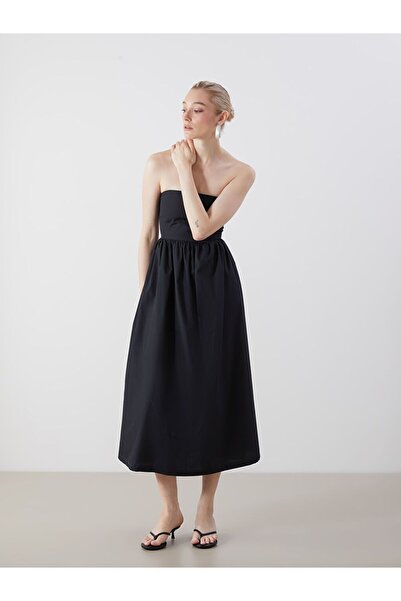 LC Waikiki Lcw Vision Black Strapless Collar Waist-Fitted Poplin Dress