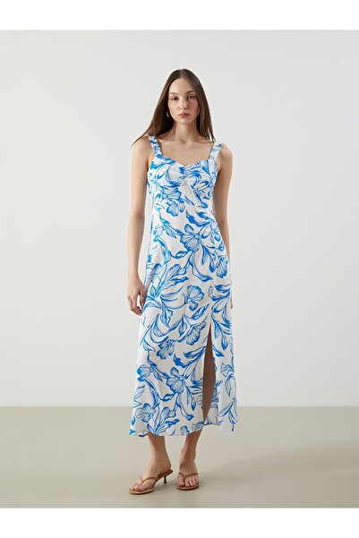 LC Waikiki Lcwaikiki Classic Blue Heart Neck Floral Dress