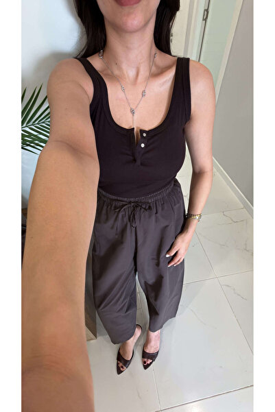 BİRCANÇİL Dlvin Missa Σκούρο Καφέ Αθλητικό Τοπ με Τιράντες και Κουμπωτά Κούμπ...