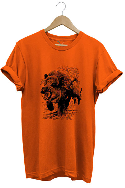 Avcılık Hunter Domuz Avcılığı Tasarımlı %100 Pamuk Regular Fit Turuncu T-shirt