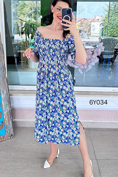 İnce Topuk Φόρεμα Μαντόνα με Γιακά και Λεπτομέρειες από Βισκόζη 6y034