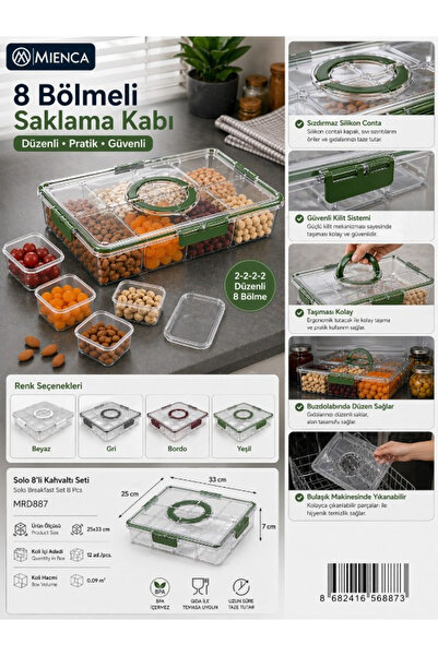 m mienca 8 Bölmeli Sızdırmaz Kapaklı Kahvaltılık Saklama Kabı BPA Free Kilitl...
