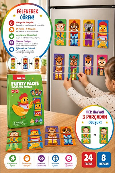 TOYFEST Puedo Funny Faces Manyetik Puzzle 24 Parça 8 Hayvan EVA Eğitici Oyunc...