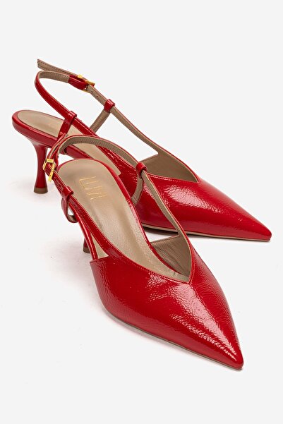 LuviShoes Irena Red Crinkled Patent Leather Open Back Pointed Toe Women's Hee...