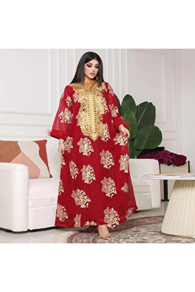 Greneric Summer Muslim Abaya Dress with Gold Embroidery and Ostrich Feather C...
