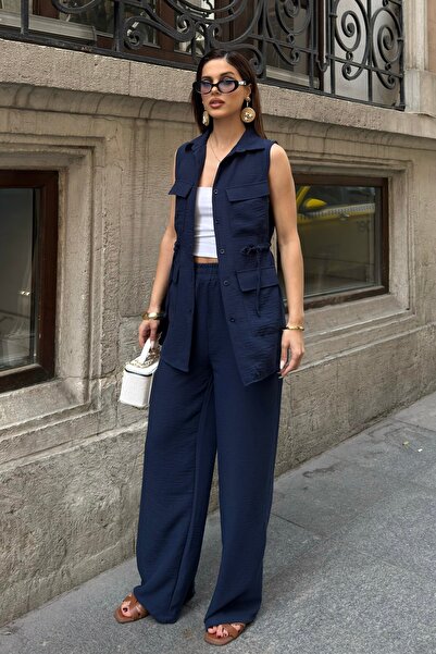 BEJNA Γυναικείο Μακρύ Γιλέκο Παντελόνι Λινό με Υφή Σετ Πάνω-Κάτω Μέρος