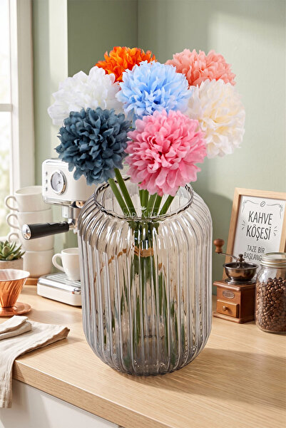 Yapay Çiçek Deposu Yapay Çiçek Top Krizantem 7li Mini Kartopu Demeti 30 cm Gökkuşağı