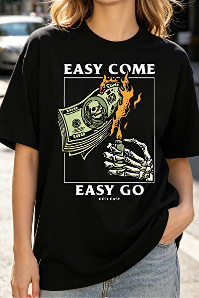 Fleck Womens T Shirts Easy Come Easy Go Money Skeleton Flame Graphic Streetwe...