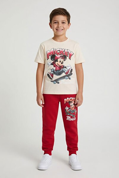 Cansın Mini Red Skateboarder Character Printed T-Shirt Boys' Tracksuit Set 23911