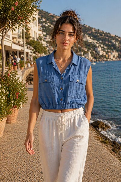 yb yağmur butik Αμάνικη μπλούζα μουσελίνας με ελαστική μέση και λεπτομέρεια τ...