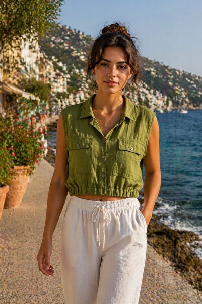 yb yağmur butik Αμάνικη μπλούζα μουσελίνας με ελαστική μέση και λεπτομέρεια τ...