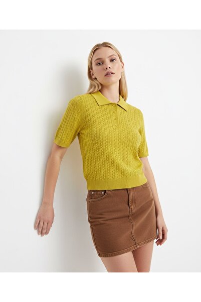 Arbucky Women's Polo Neck Hair Braided Short Sleeve Knitwear Blouse