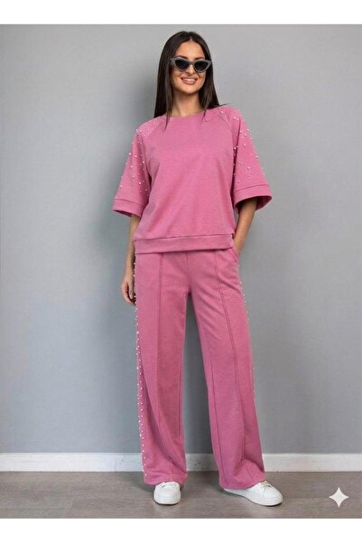 OEM Women's Casual Pink 2-piece Suit with Pearls