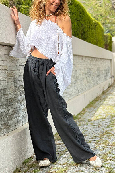 Güneşkızı Ιταλικό μαύρο λινό υφαντό παντελόνι με τσέπες, ελαστική μέση με κεν...