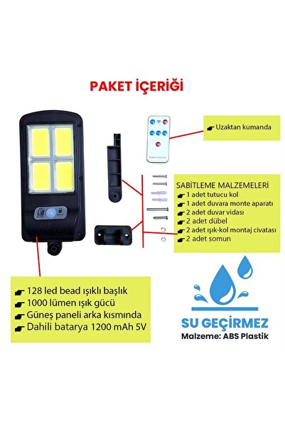 UpWay Güneş Enerjili 128 Led Duvar Lambası - 1000 LM Su Geçirmez Aydınlatma
