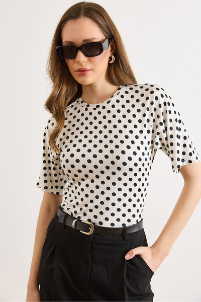 Olalook Γυναικεία Λευκή Μπλούζα με Τρία Τέταρτα Μανίκια Πουά από Πολυαμίδιο B...