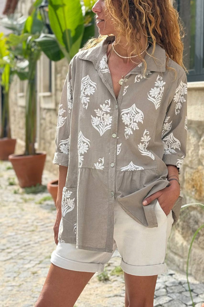 Güneşkızı Ιταλική μπεζ φούστα με έθνικ σχέδια και τσέπες, πλισέ βαμβακερό υφα...