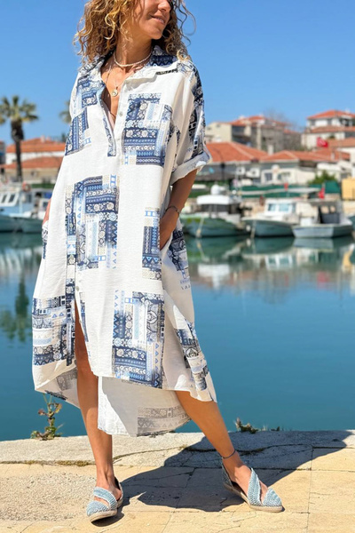 Güneşkızı Ιταλικό λευκό-μπλε με έθνικ σχέδια, βαμβακερό υφαντό φόρεμα με τσέπ...