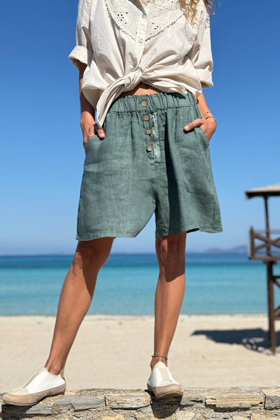 Güneşkızı Ιταλικό χακί σορτς με τσέπες και φερμουάρ, ελαστική μέση, λινό, χαλ...