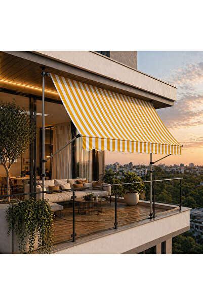 stratecht Teleskopik Balkon Tentesi 300x130 cm Ayarlanabilir Sarı Beyaz Çizgi...
