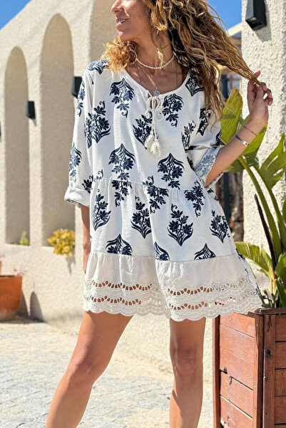 Güneşkızı Ιταλικό μπεζ φόρεμα με δετό γιακά, έθνικ σχέδιο, βολάν, βαμβακερό, ...