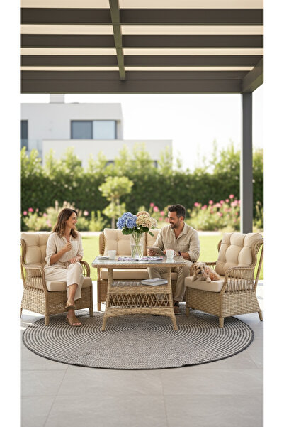 BALCO HOME Mini Leylak 2+1+1+ 60x90 Masa Alüminyum Rattan Balkon Takımı