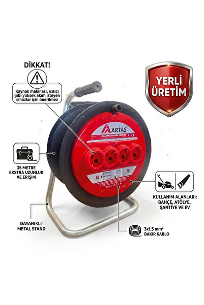 EMİRHANNALBUR 50 METRE Makaralı Uzatma Kablosu Seyyar Kablo 3x1.5 mm Full Bak...