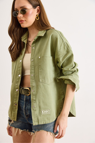 Olalook Γυναικείο Χακί Σικ Κεντημένο Πουκάμισο-Μπουφάν Gabardine με Τσέπες κα...