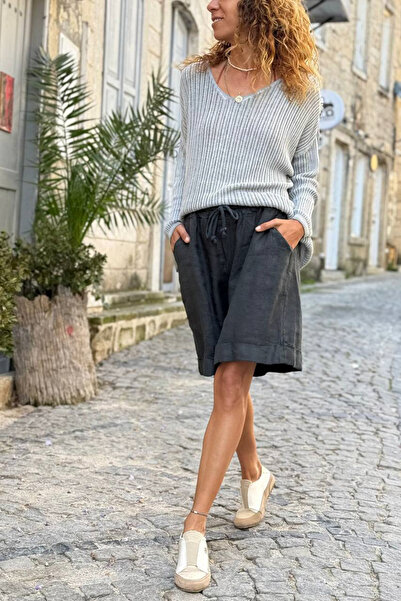 Güneşkızı Ιταλικό μαύρο λινό σορτς με διπλό πόδι και τσέπες, υφαντό, φαρδύ 55 35