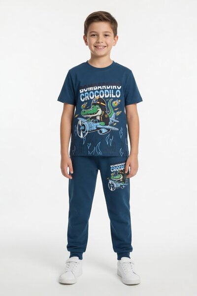 Cansın Mini Blue Crocodile Printed Tracksuit Boys' T-Shirt 2-Piece Set 23915