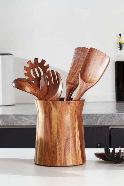 LOOPITYS Tabletop Wooden Utensil Storage Bucket,cutlery storage， 360 ° rotati...
