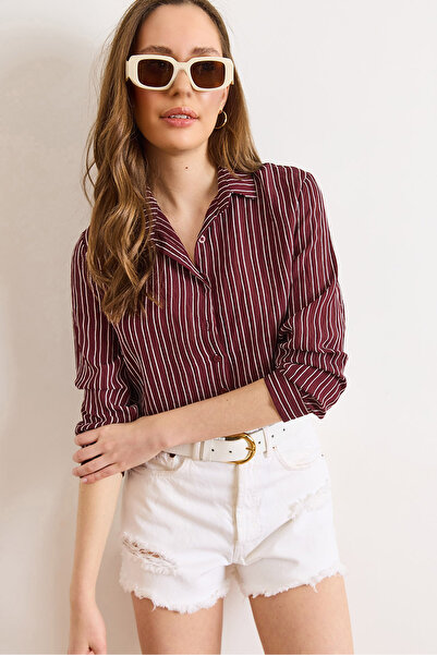 Olalook Γυναικείο ριγέ υφαντό πουκάμισο σε μπορντό χρώμα GML-19001427